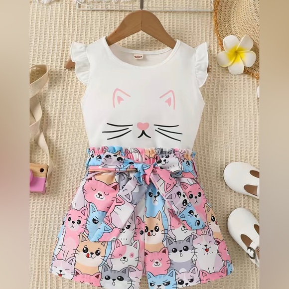 Toddlers 2 Piece Short Set with Cute Cat Cartoon Graphics - Picture 1 of 8